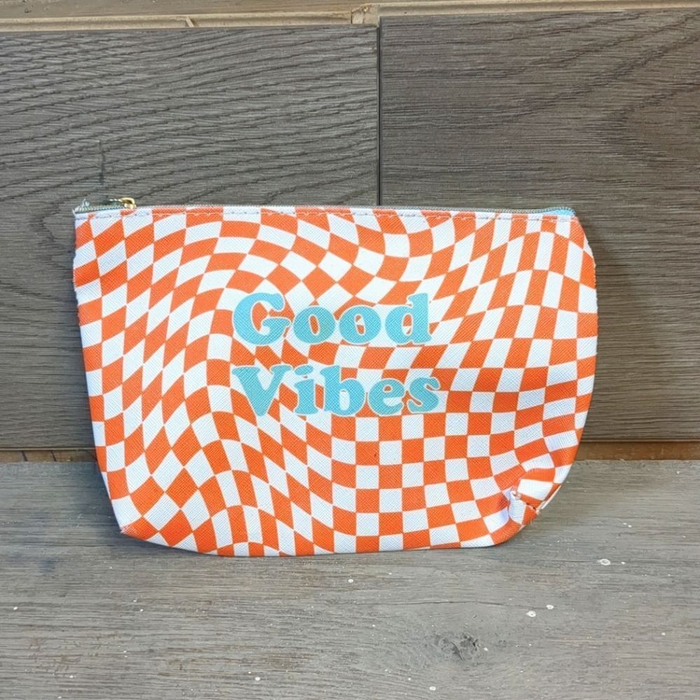 Good Vibes Orange & White Checkered Cosmetic Bag